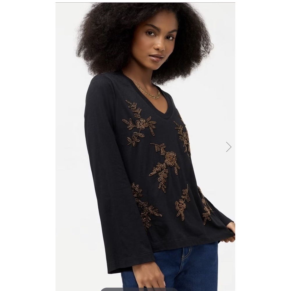 Johnny Was Long Sleeve Black Beaded Kimono Sleeve Tee Size Med Boho NWT $168